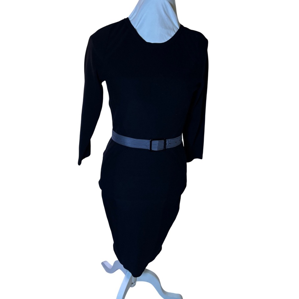 Black quiet luxury Dress Ribbed Knit Sheath 3/4 Sleeve Belted Bodycon Medium